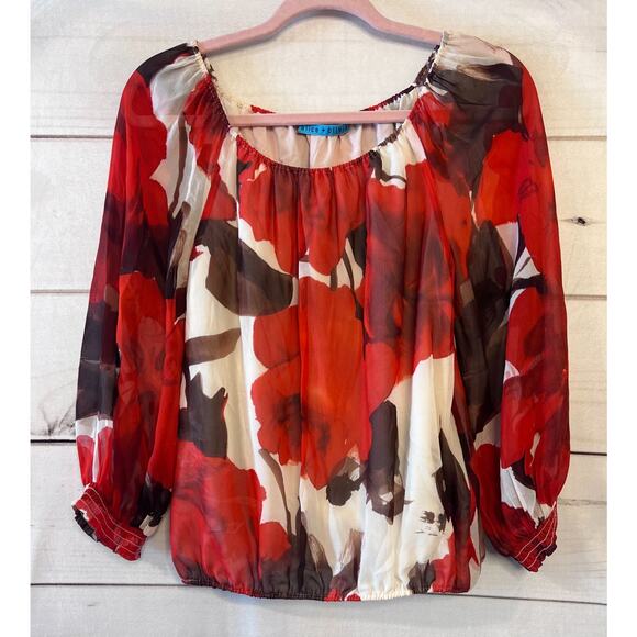 Alice & Olivia Est Size SM Top Red Floral 100% Silk - Picture 1 of 5